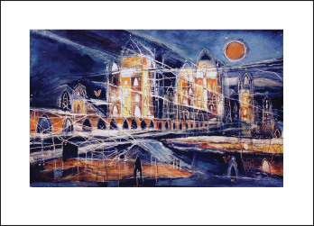 Abstract painting of a cityscape at night with bridges, a river, and a large orange moon.