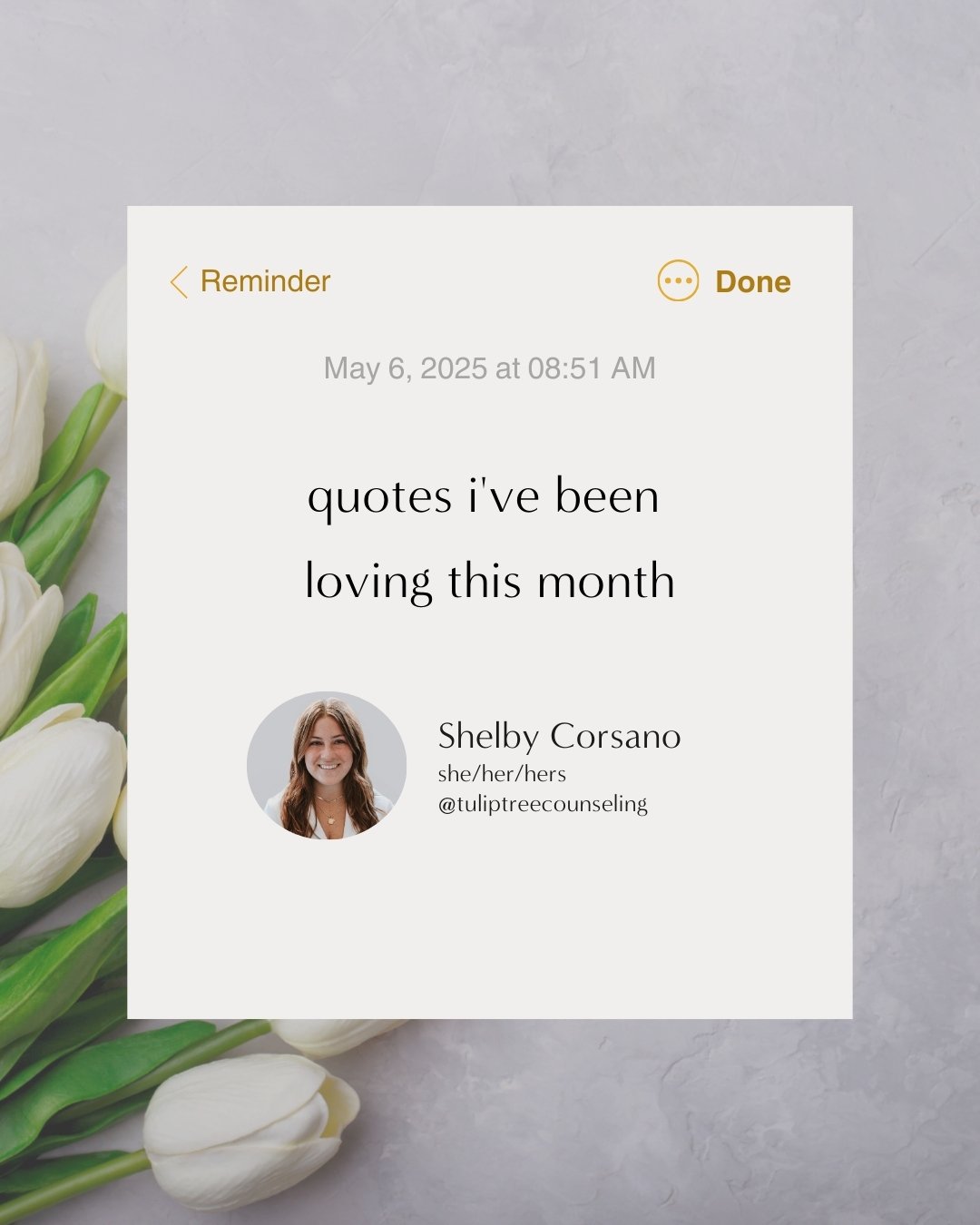 quotes i&rsquo;ve been loving this month

with gratitude,
shelby

#brentwoodtherapy #nashvilletherapy #nashvilletherapyforwomen #womensprocessgroup #brentwoodtn #therapyappointment #tuliptree #mentalhealthsupport #nashvillecounseling #healingjourney 
