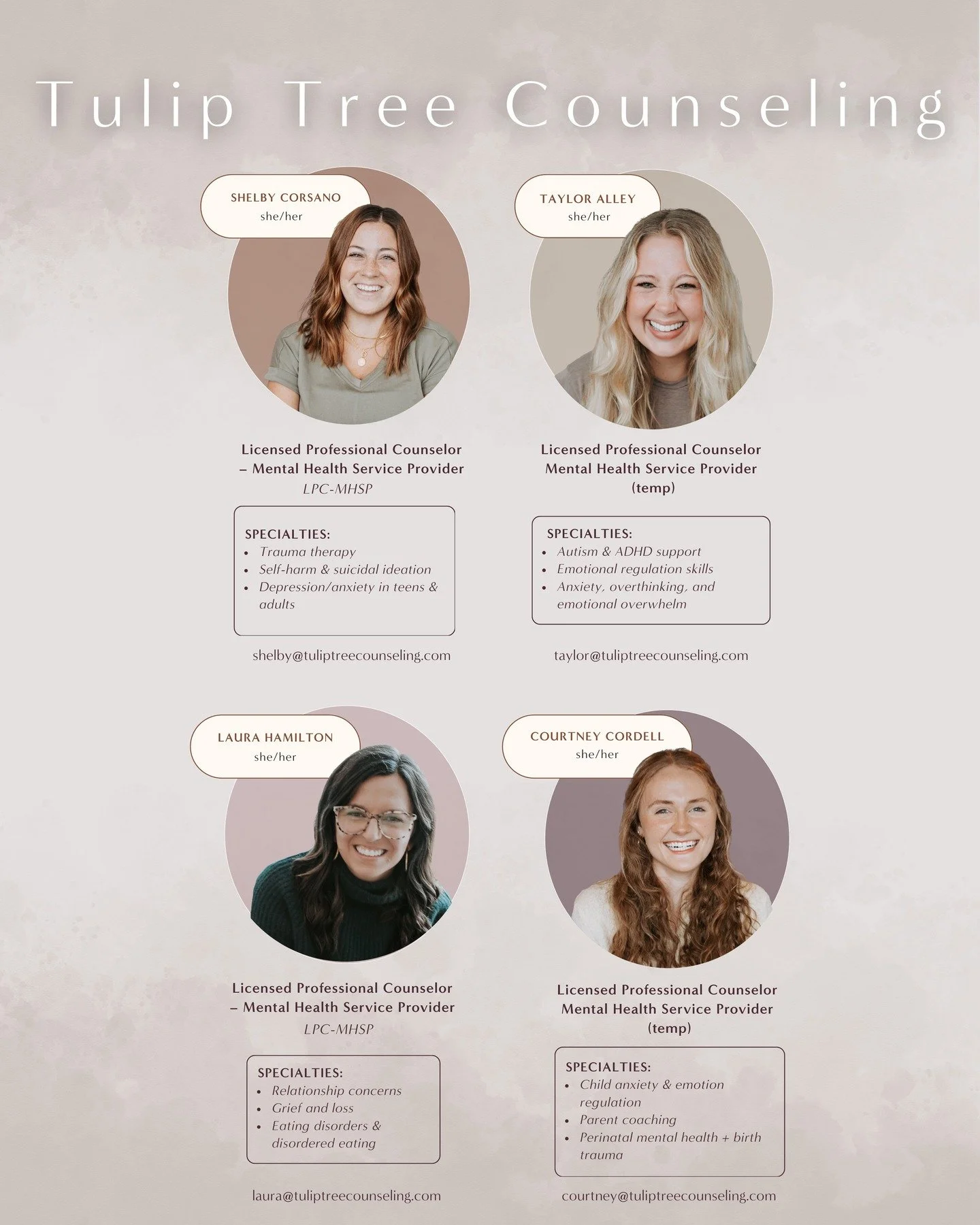 here at tulip tree counseling, we know that reaching out for support is a big step. our team is made up of clinicians who care deeply about holding space for the real, layered, human parts of your story. we work with teens, college students, and adul