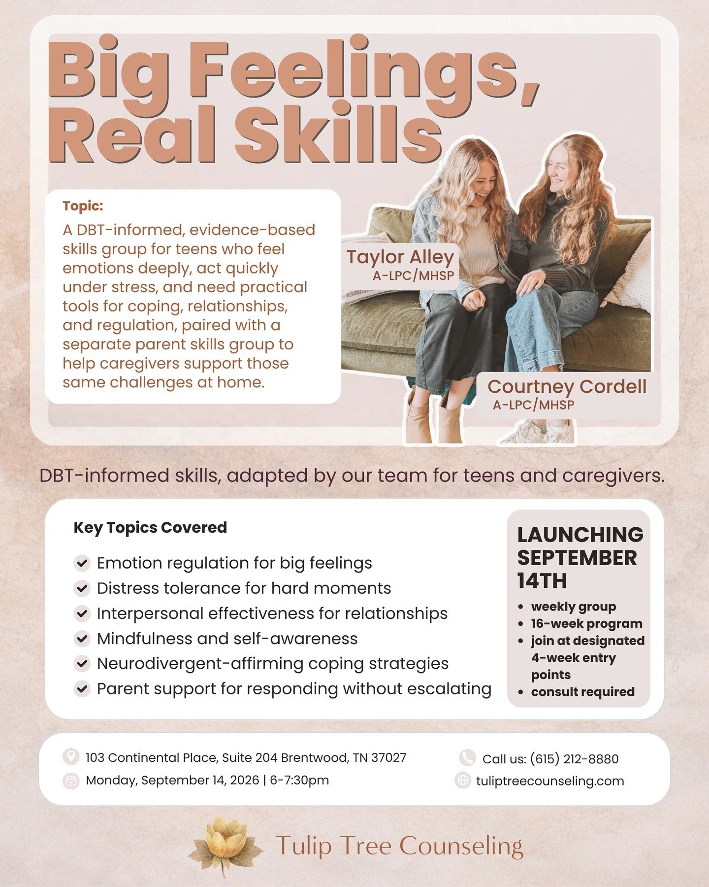 This fall, we&rsquo;re launching Big Feelings, Real Skills, a DBT-informed, evidence-based skills group for teens who feel emotions deeply, act quickly under stress, and need practical tools for coping, relationships, and regulation. Alongside the te