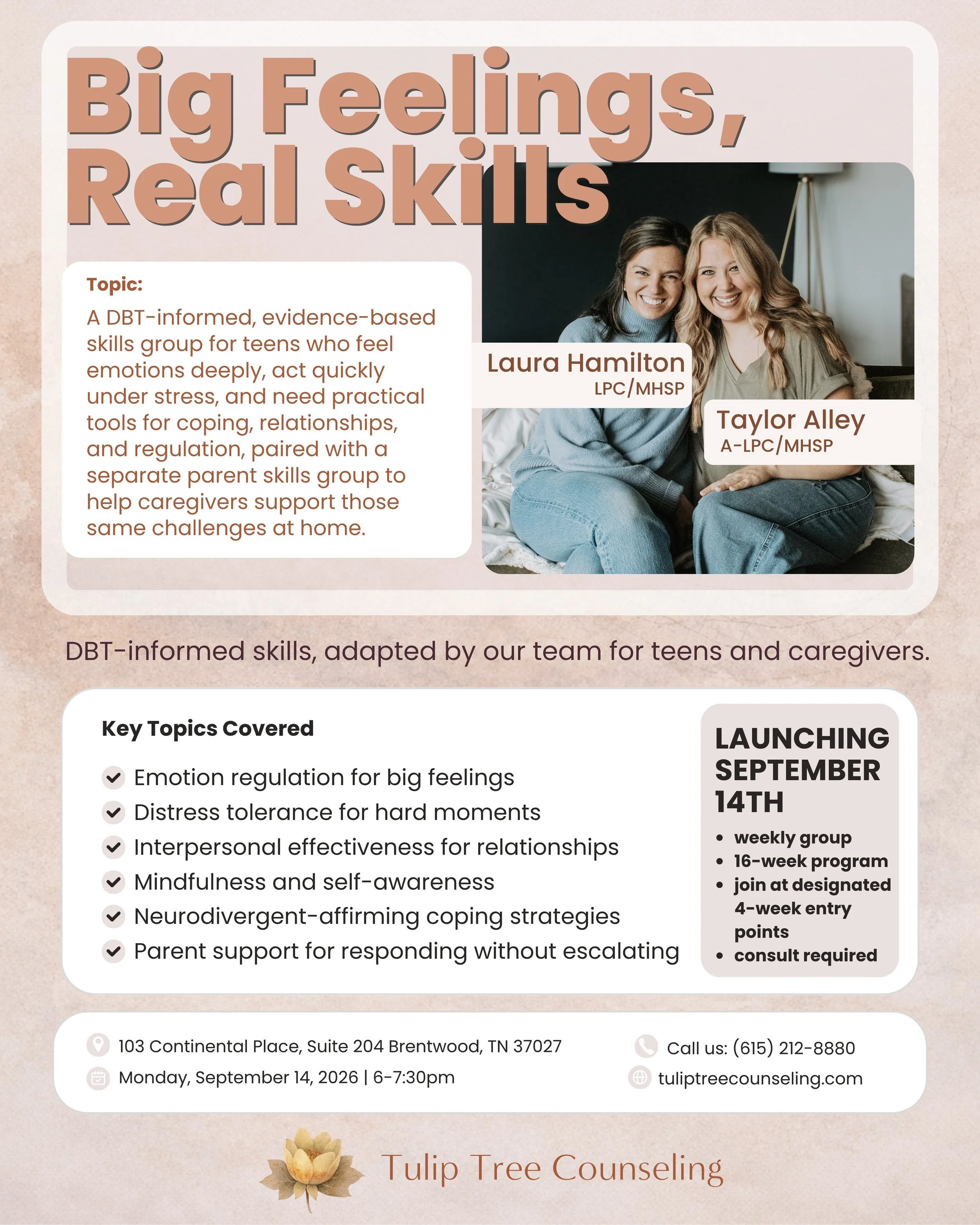 An in-person, DBT-informed skills group for teens, paired with a separate parent skills group to help caregivers support emotional regulation, coping, and communication at home. Our team has adapted this group to be practical, neurodivergent-affirmin