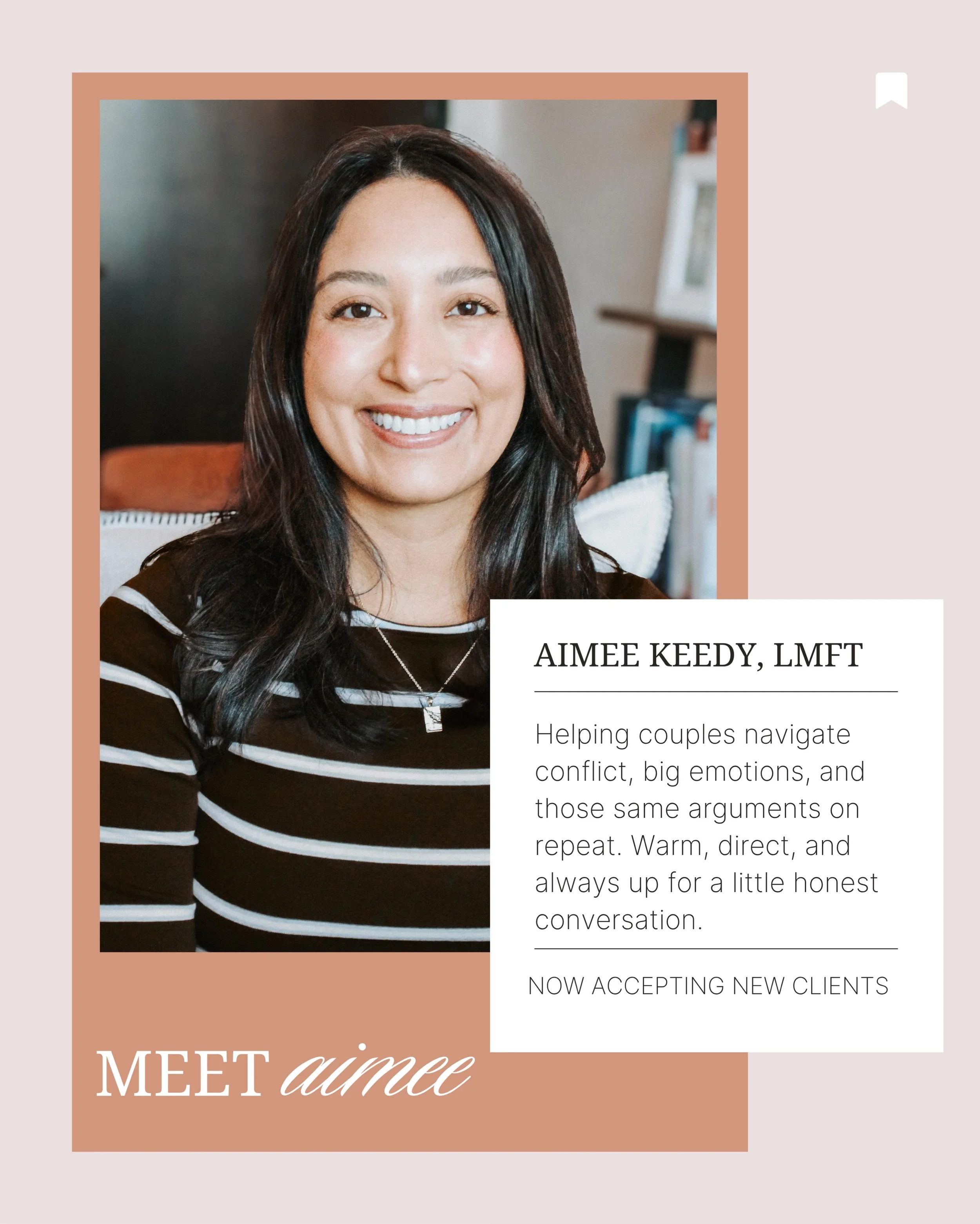 Yesterday, we established that her name is Aimee. Today, we figured we should tell you a little more about her. 🤍

Meet Aimee Keedy, LMFT (she/her)!

With 10 years of experience, Aimee especially loves working with couples navigating conflict, big e