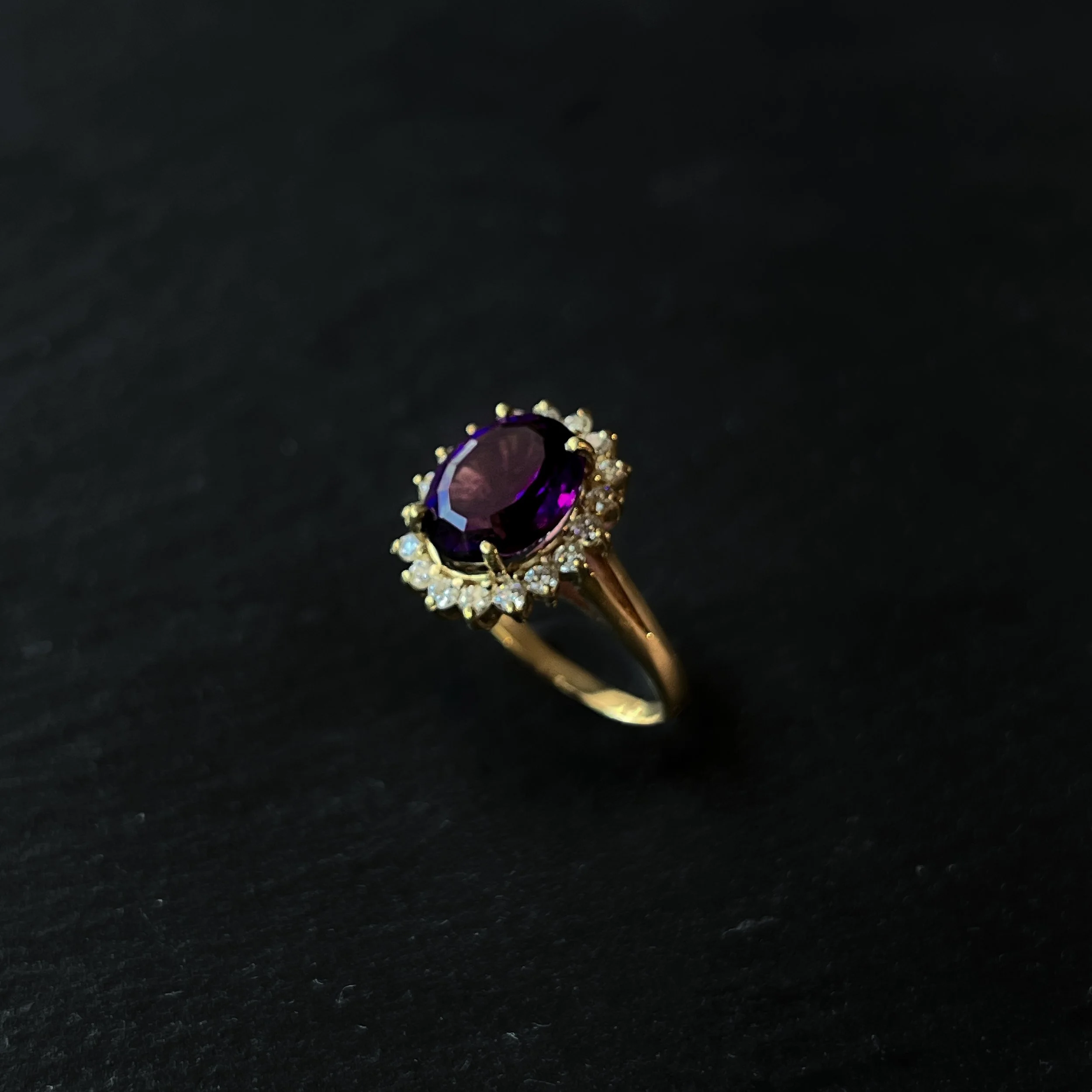 AMETHYST AND DIAMOND HALO RING - size 8, 18KYG