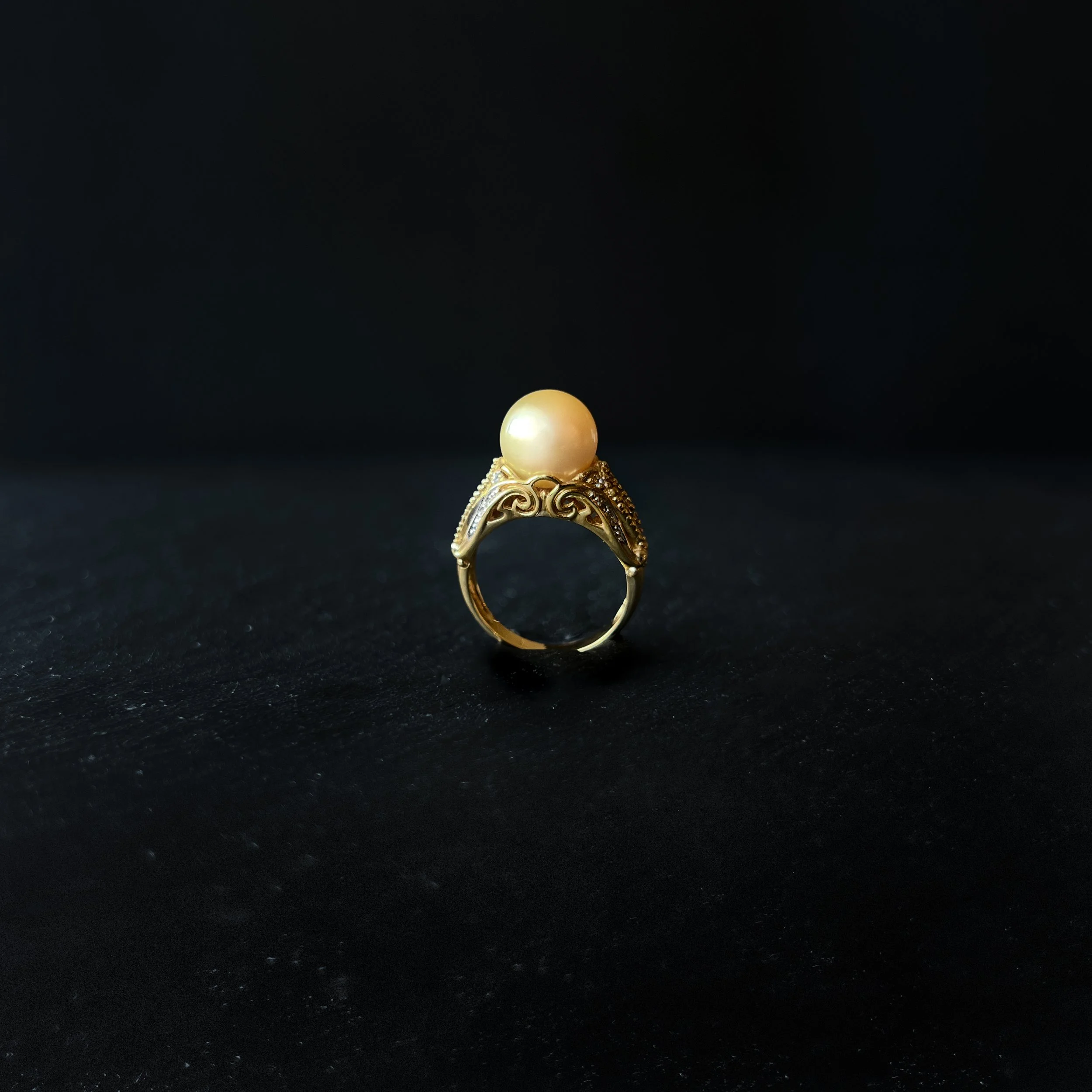 ANTIQUED FLORAL PEARL RING - size 6.75, 14KYG