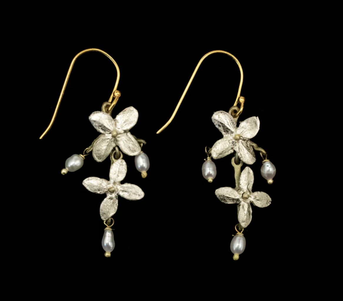 WHITE HYDRANGEA TWO FLOWER WIRE EARRING