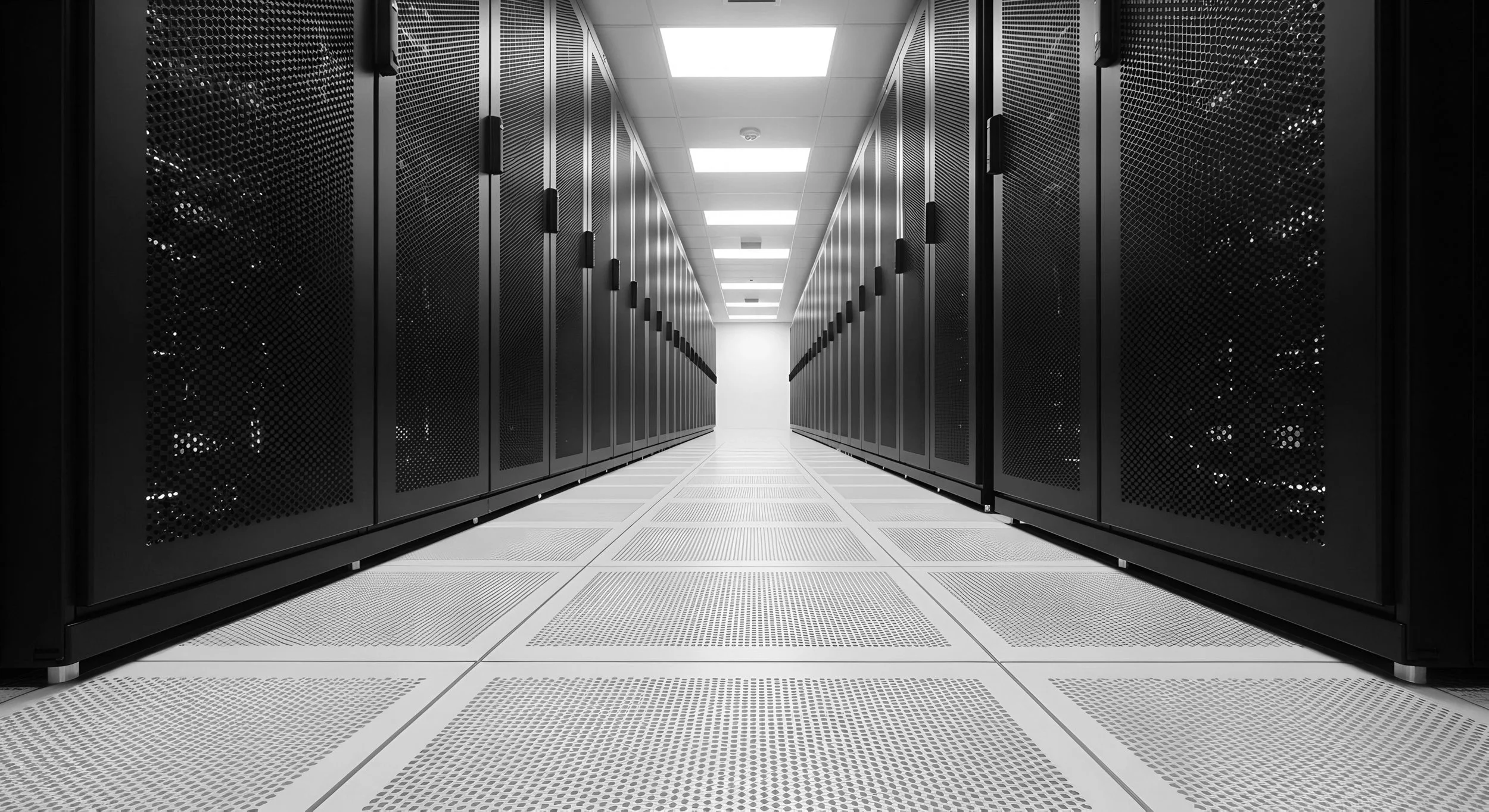A view at ground level of a series of racks in a data center