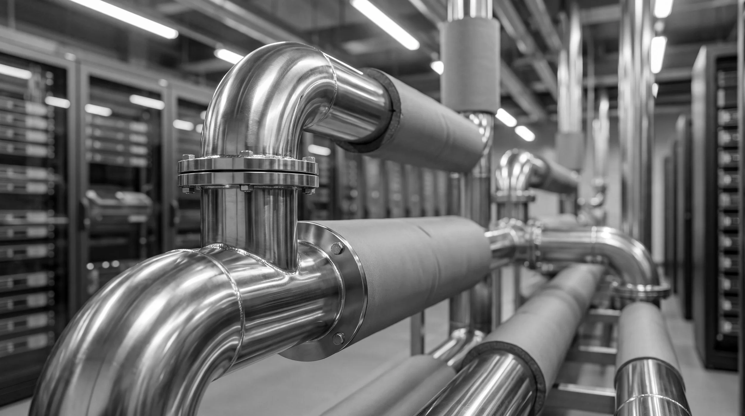 Polished metal cooling pipes in a data center