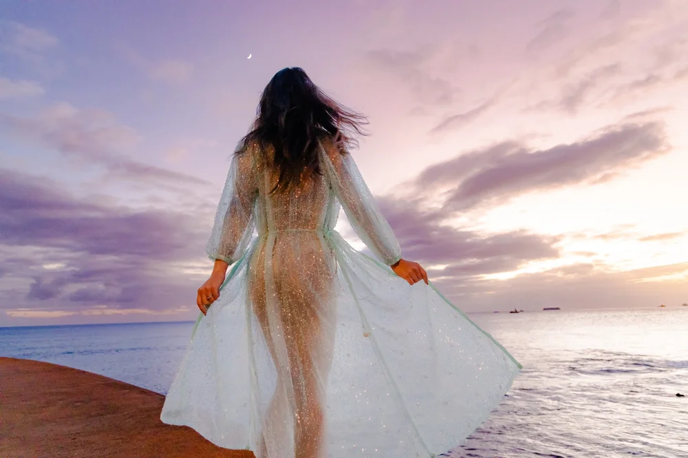 St. Lucia Kimono photographed by the ocean at sunset in Hawaiʻi.