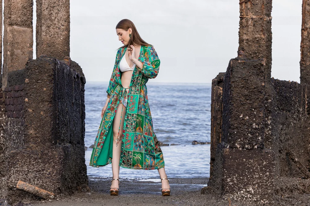 Tourmaline Palms Kimono from KUMARI’s Jewels of Paradise collection, photographed on location.