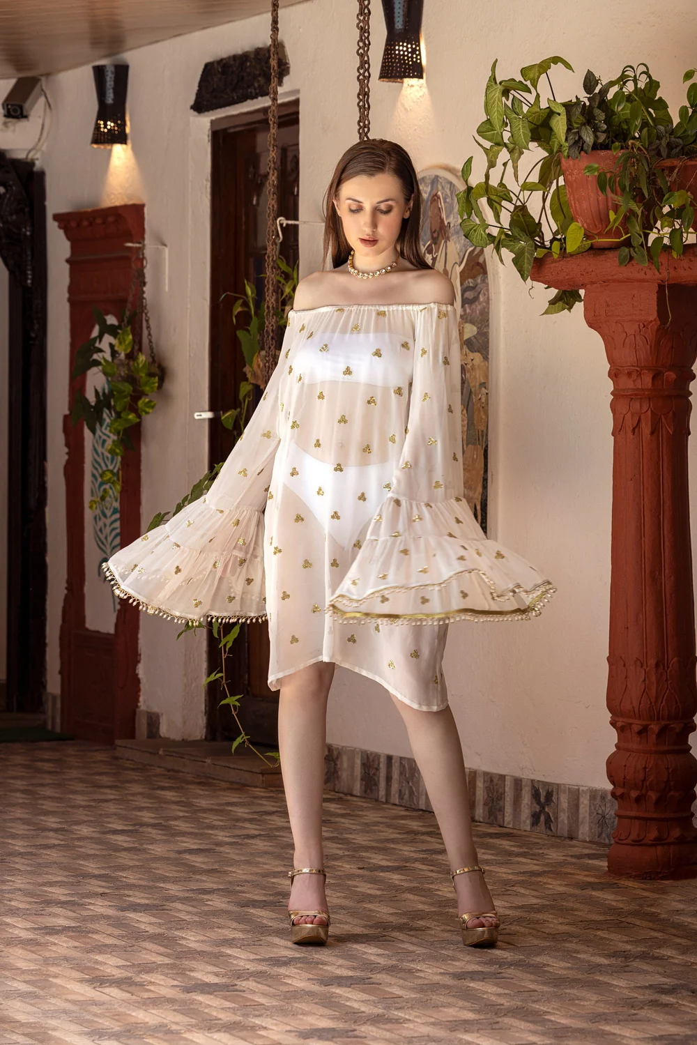 Pearl Maharani Dress from KUMARI’s Jewels of Paradise collection, photographed on location.