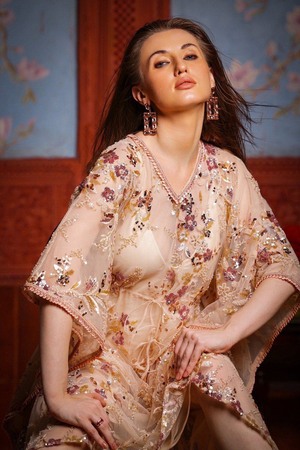 Pink Sapphire Blossom Kaftan from KUMARI’s Jewels of Paradise collection, photographed on location.