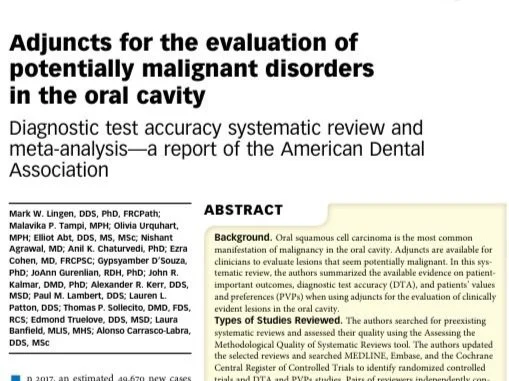 Image showing an article titled 'Adjuncts for the evaluation of potentially malignant disorders in the oral cavity,' a report from the American Dental Association. Includes an abstract and list of authors.