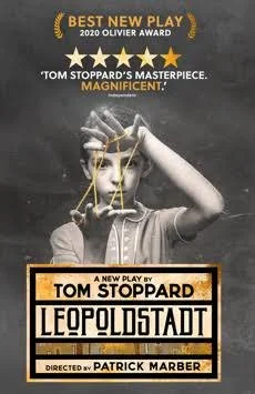 Playbill for the play 'Leopoldstadt' by Tom Stoppard, directed by Patrick Marber, featuring a black-and-white photo of a woman holding a string puppet in front of her face, with awards and review quotes on the top.
