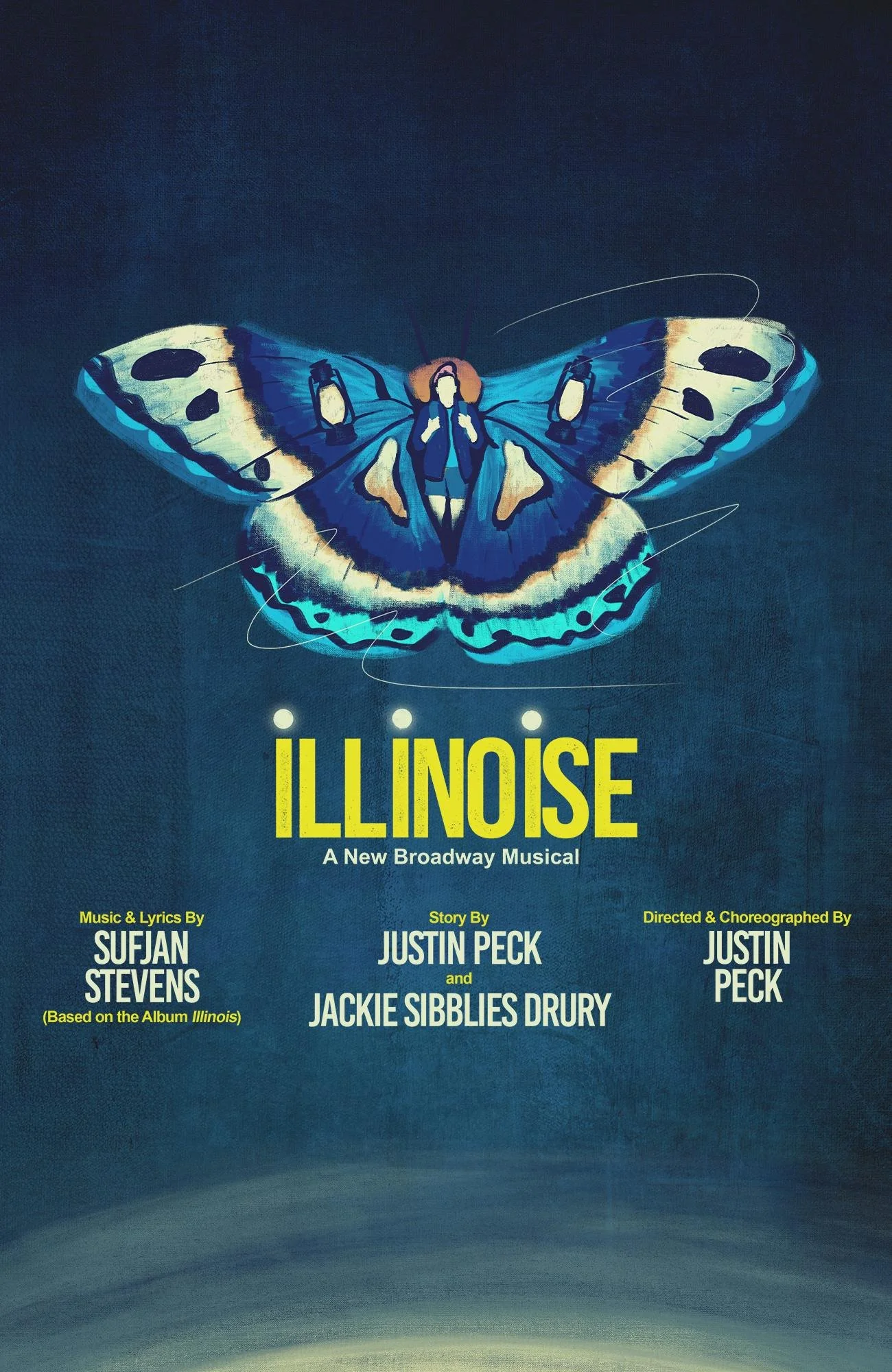 Cover poster for the musical 'Illinois' featuring a blue butterfly with a person in a parka at the center, and the title 'Illinois' in yellow letters. The poster provides credits for music, lyrics, story, and choreography.