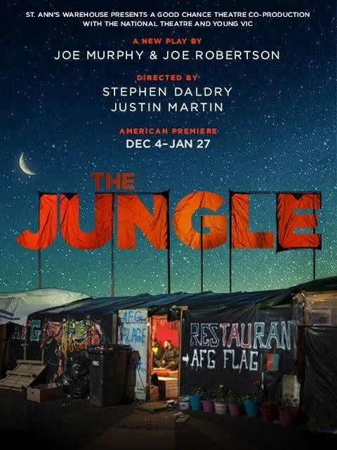 An outdoor theater poster promoting a play titled "The Jungle" by Joe Murphy and Joe Robertson, directed by Stephen Daldry and Justin Martin, showing dates December 4 to January 27, with a nighttime sky background including stars and a crescent moon,