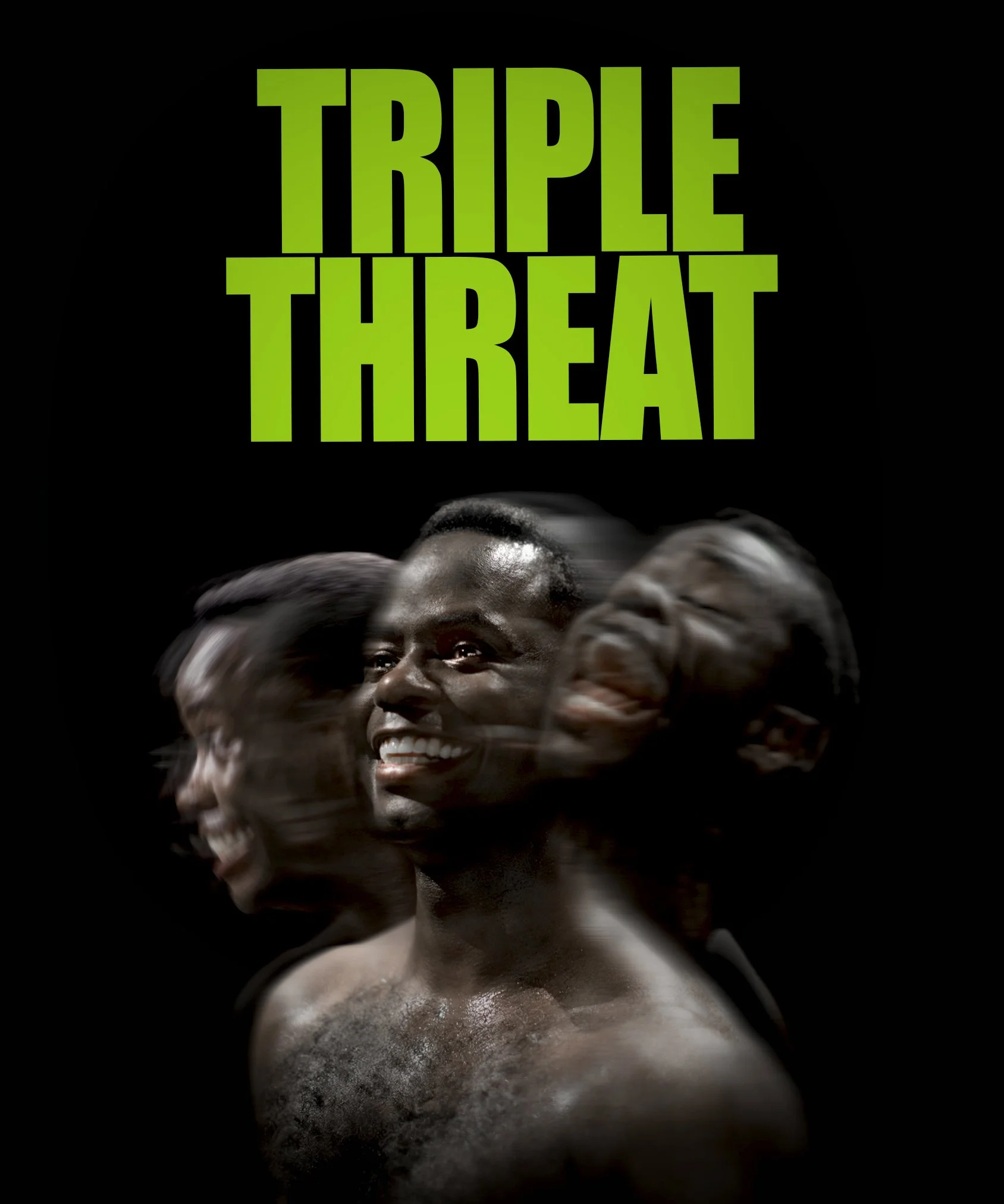 Close-up of a group of dark-skinned, smiling people with diverse hairstyles, looking upward with excitement, against a black background with large, green text reading 'TRIPLE THREAT' at the top.