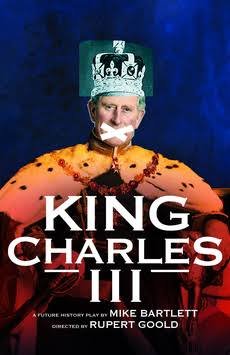 Movie poster for 'King Charles III' featuring a portrait of a man with a white mustache wearing a crown, set against a dark background with a royal orange-red drape.