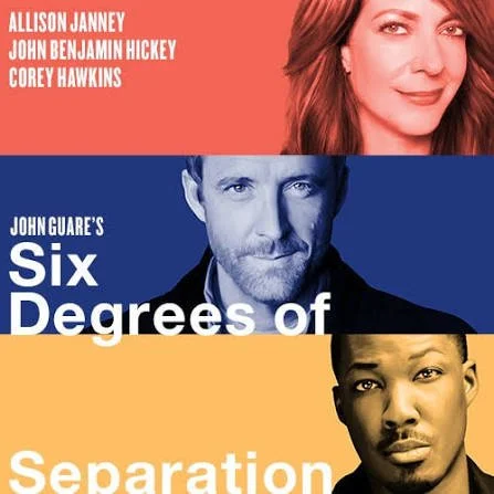 Poster for John Guare's play 'Six Degrees of Separation' featuring headshots of three actors: a woman with red hair in the top section, a man with gray hair and beard in the middle, and a woman with dark hair at the bottom.