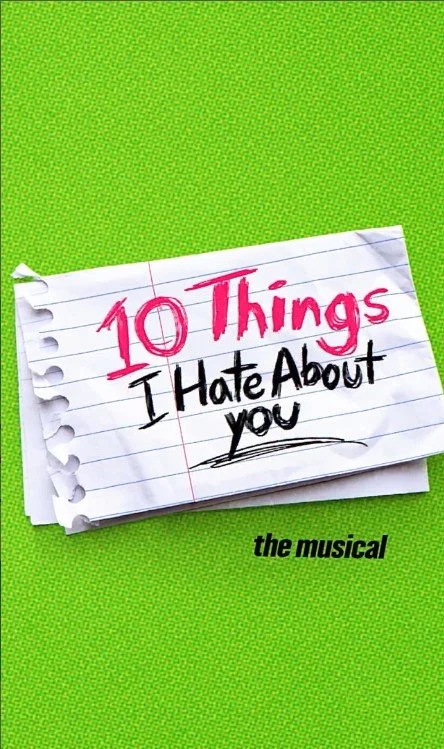 Cover of '10 Things I Hate About You' musical, featuring a torn notebook page with handwritten title on a green background.