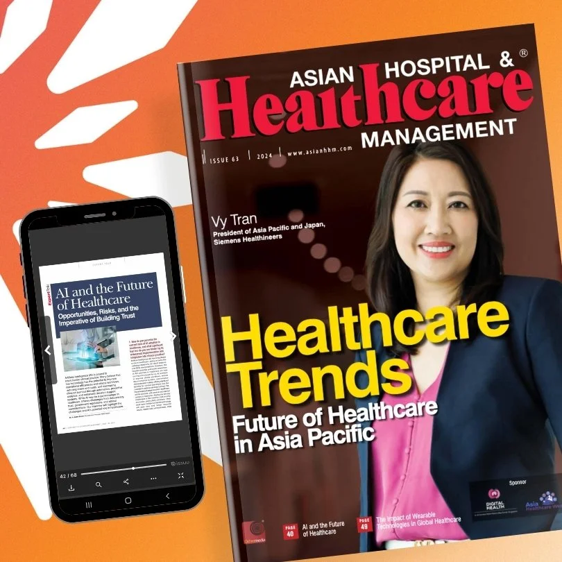 A magazine titled "Asian Hospital & Healthcare Management" featuring an article on healthcare trends with a woman on the cover and a smartphone displaying an article about AI in healthcare.