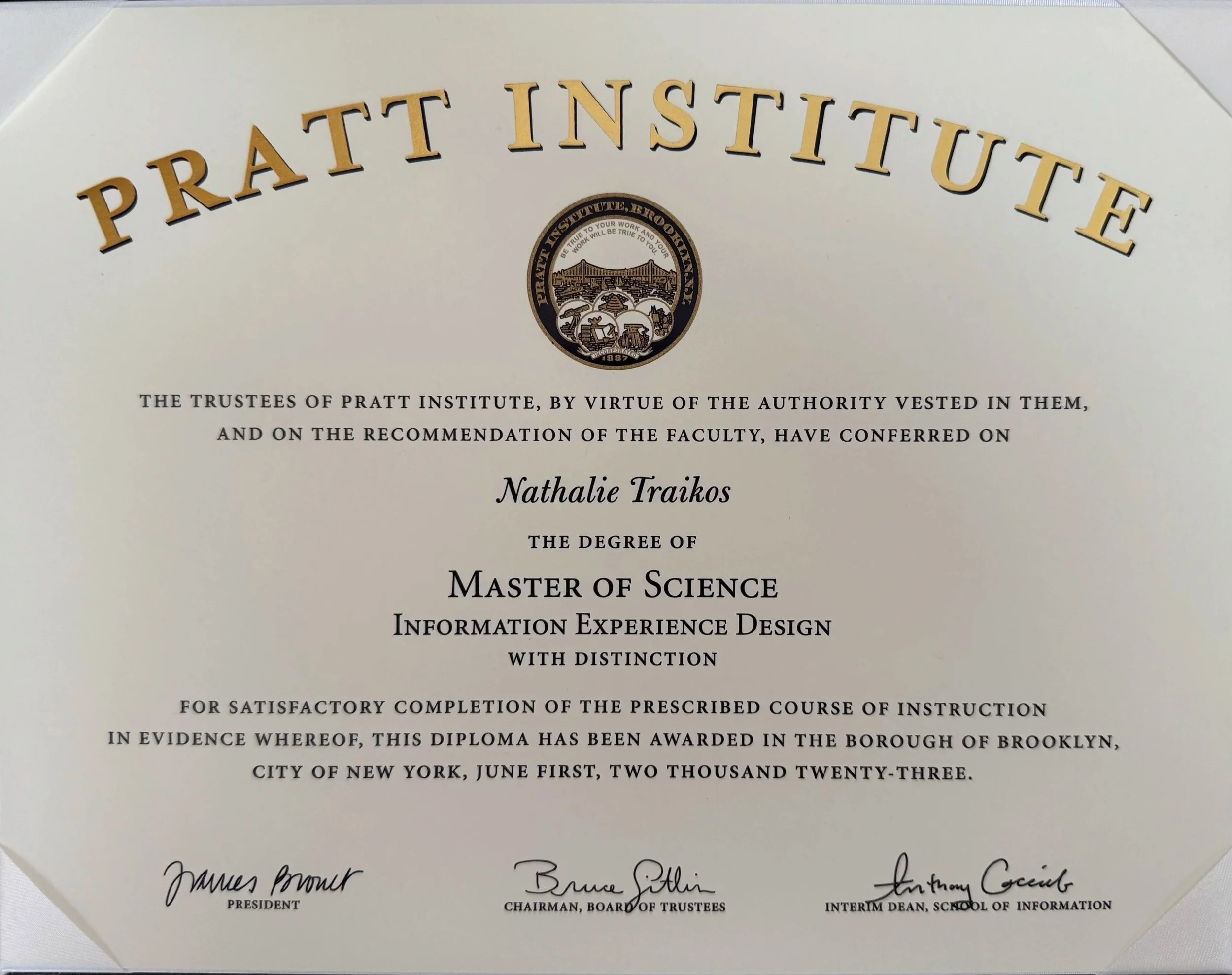 Nathalie's Masters Diploma from Pratt Institute