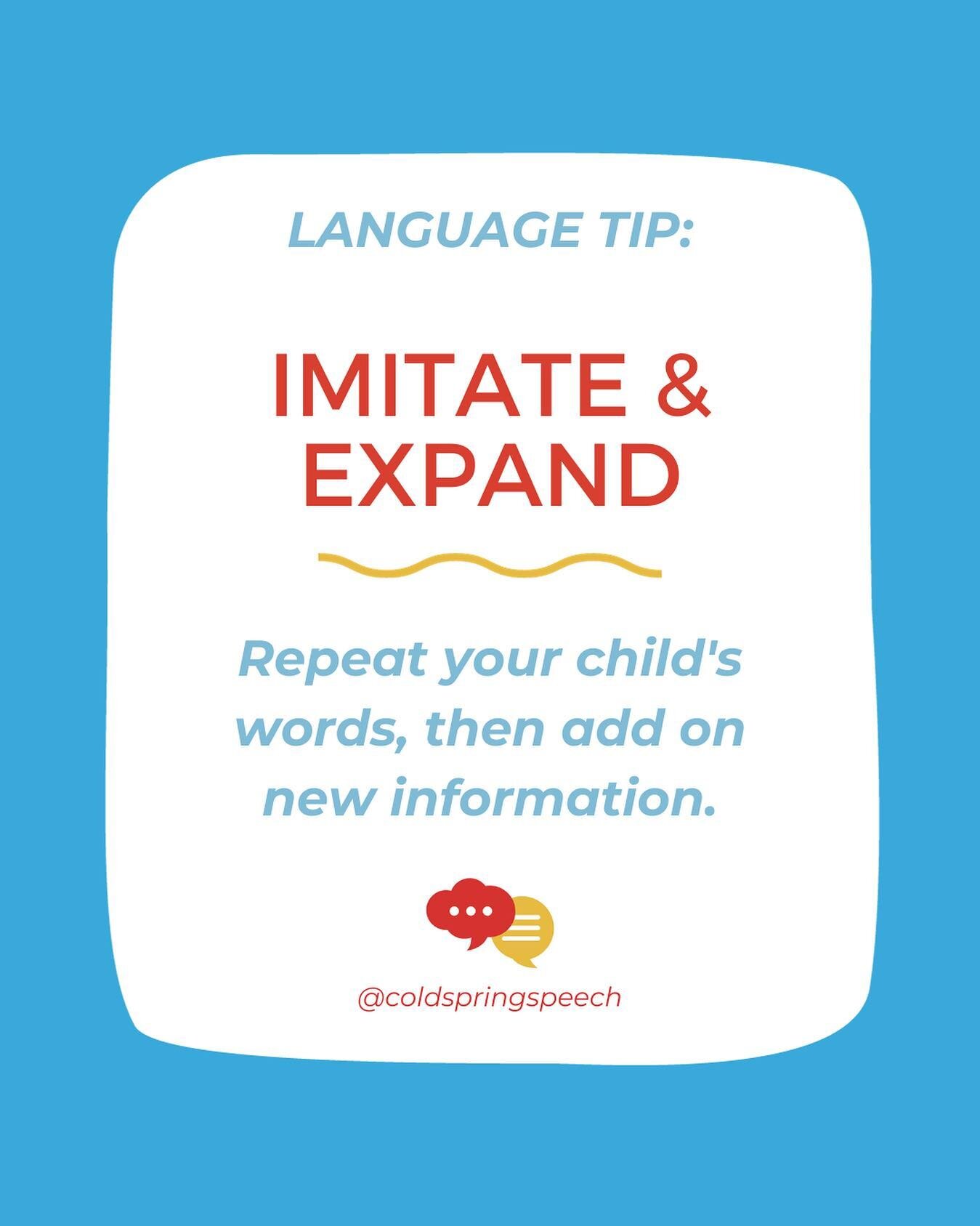 LANGUAGE TIP: IMITATE AND EXPAND

For this strategy, our goal is to affirm/repeat what they're already saying, and then give them new language models to learn from. Take a look at some examples of how to imitate and expand your child&rsquo;s words:

