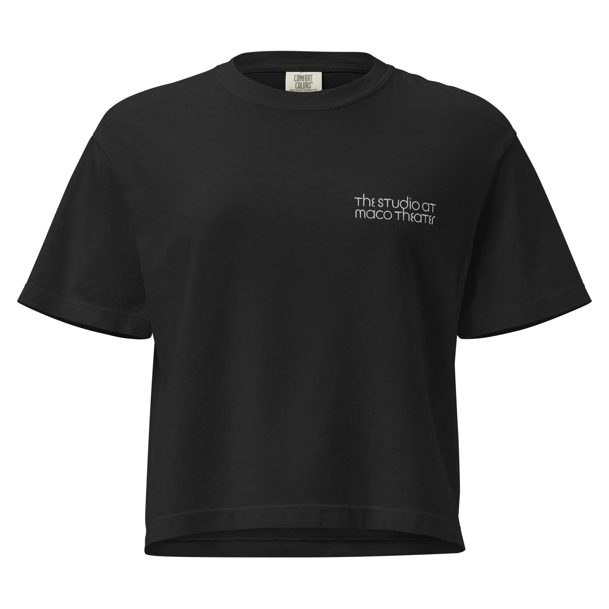 Women’s Embroidered Heavyweight Boxy Tee: The Studio at Maco in Black or Gray