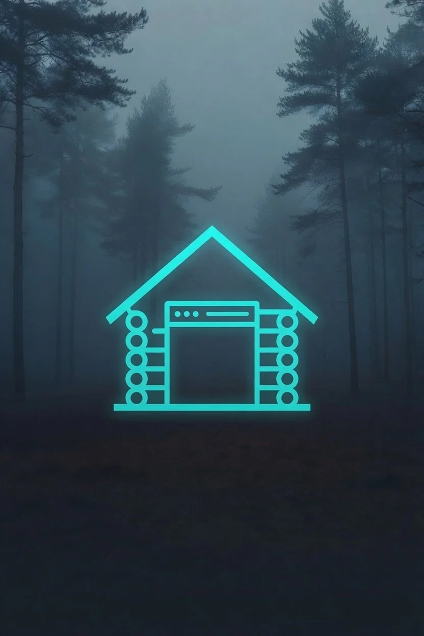 Log Cabin Digital Design's Basic Care Plan icon - A dark image of a log cabin with a window and door, with a shield and gear icon in the center, part of a security or protection interface.