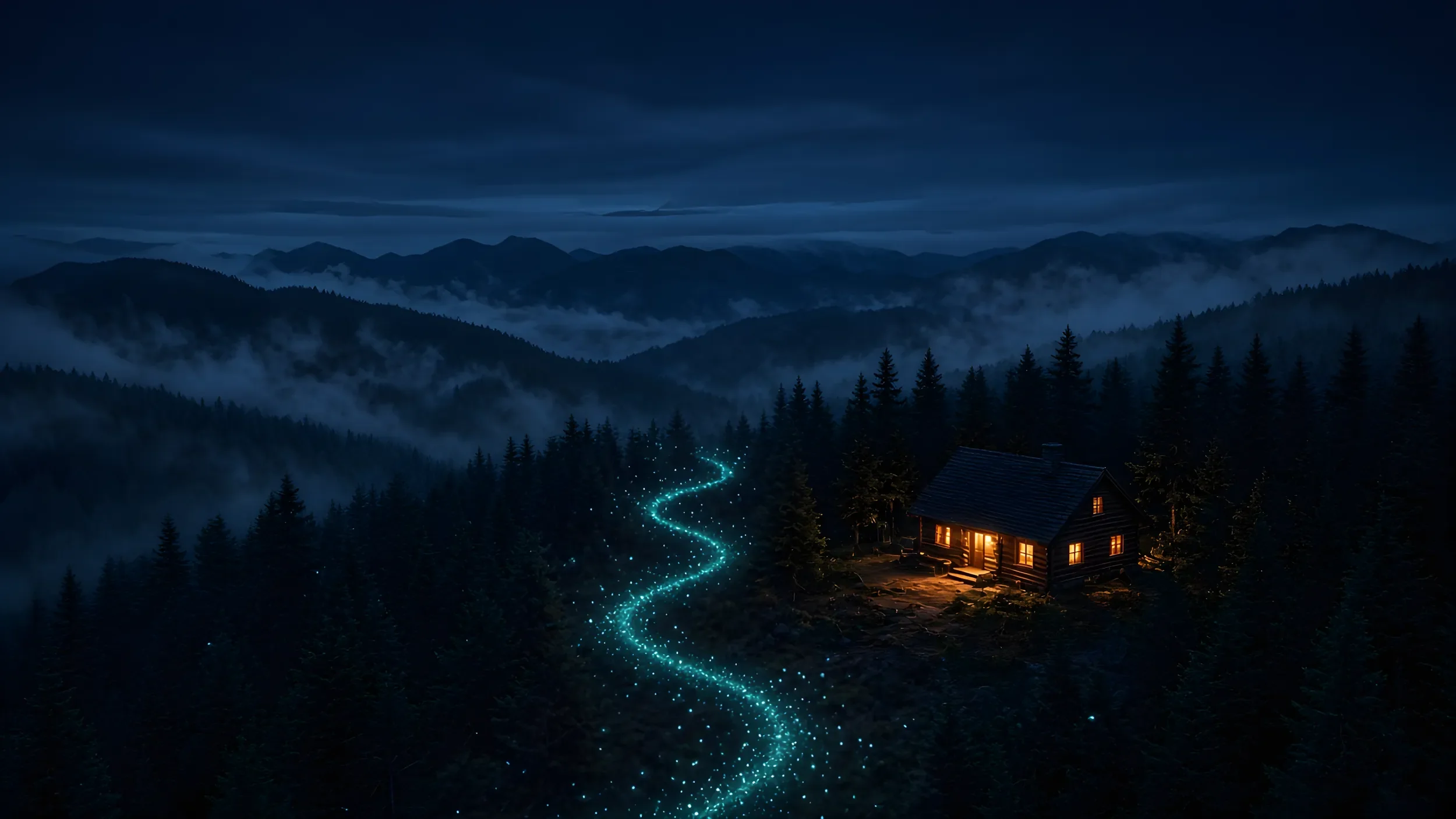 Log cabin in a dark forest with a glowing trail leading to its door