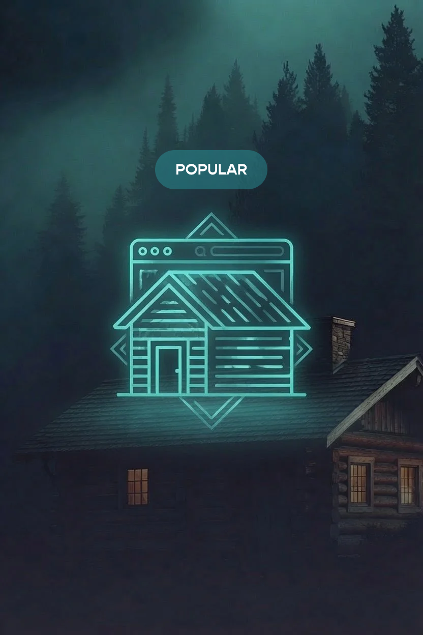 Log Cabin Digital Design's Enhanced Care Plan icon - A shield icon with a gear inside, symbolizing security and settings, on a dark background with blurred outdoor scenery.