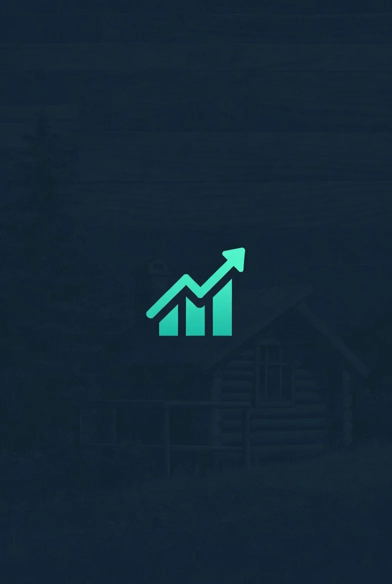Log Cabin Digital Design's Pro Care Plan icon -  Digital illustration of a rising bar graph with an upward arrow, overlaid on a background of a log cabin and trees.