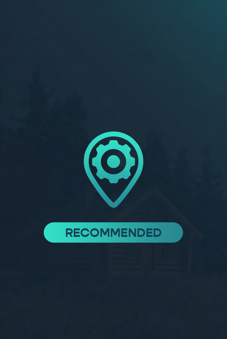 Log Cabin Digital Design's Essential Care Plan icon -  A graphic of a map pin with a gear inside, labeled 'Recommended'.