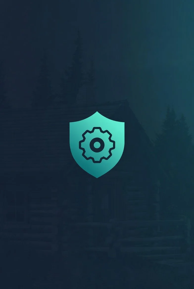 Log Cabin Digital Design's Enhanced Care Plan icon - A shield icon with a gear inside, symbolizing security and settings, on a dark background with blurred outdoor scenery.