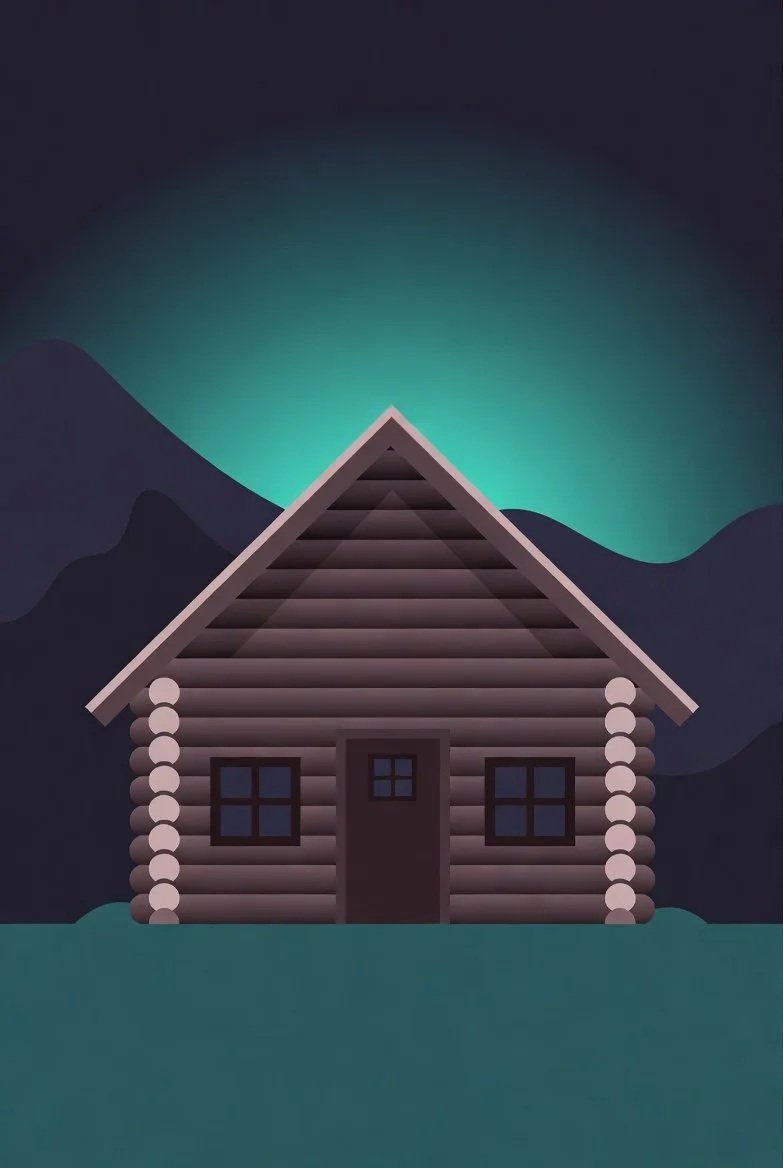 Log Cabin Digital Design's Basic Care Plan icon - A dark image of a log cabin with a window and door, with a shield and gear icon in the center, part of a security or protection interface.