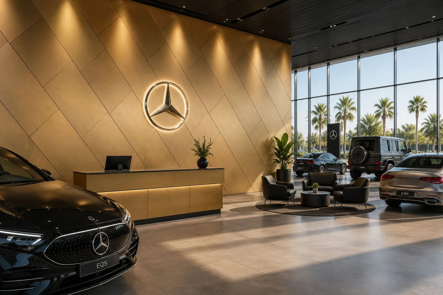 Luxury automotive showroom featuring BORTE™ Brushed Gold architectural wood panels in a modern commercial interior.