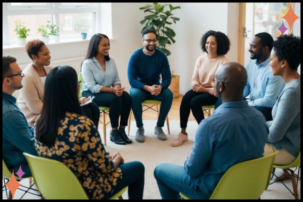 Trauma therapists sitting together in a supportive group