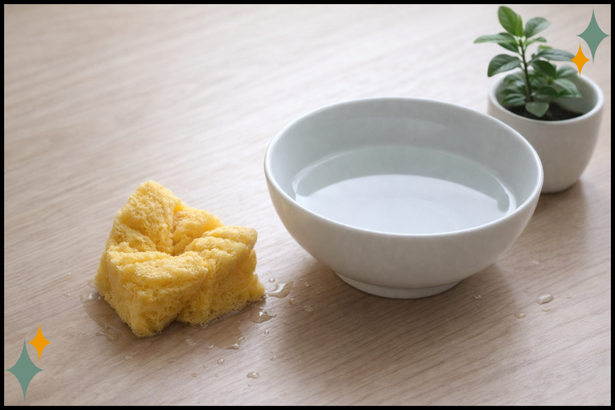 Sponge being wrung out beside a small plant, symbolizing releasing vicarious trauma and restoring resilience.