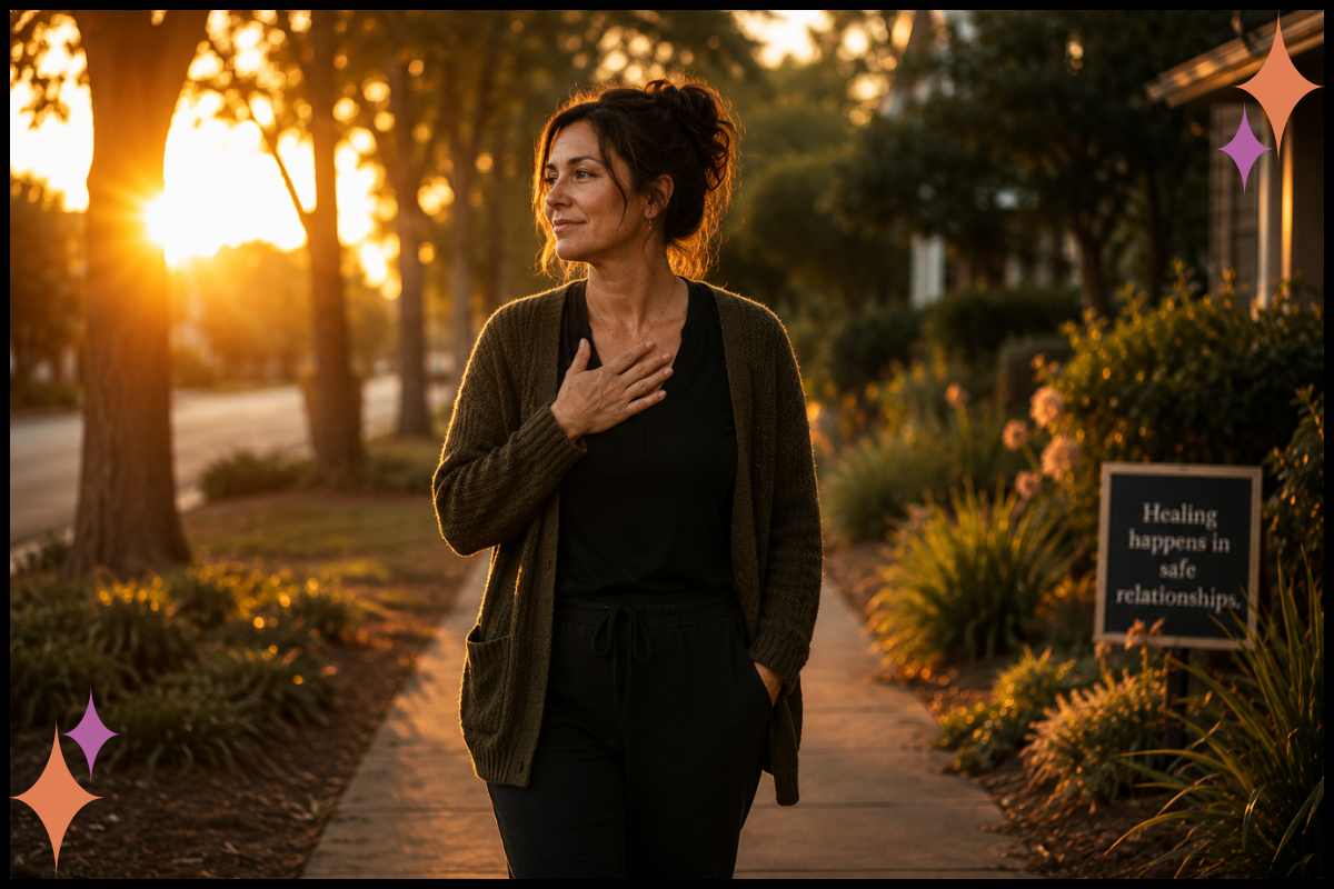 A trauma therapist walking slowly at sunset, letting a moment of professional growth register in her body