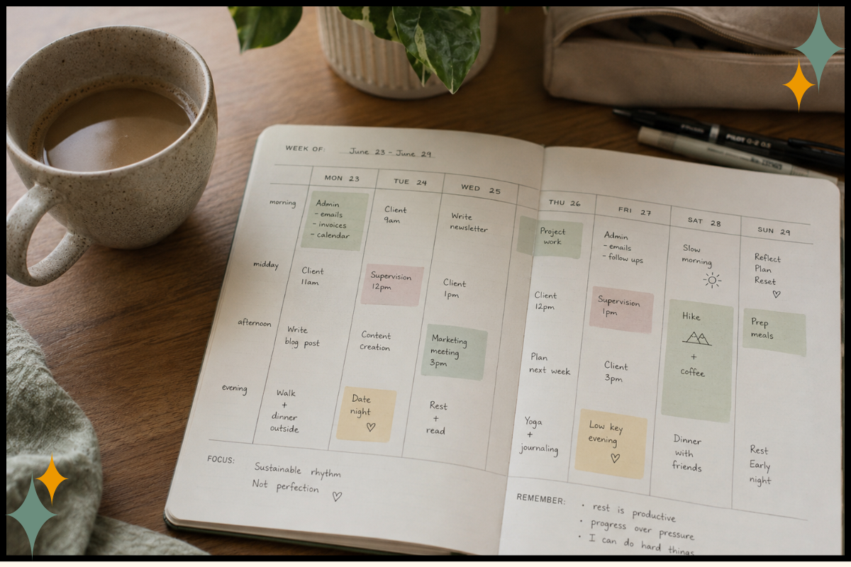 A hand-blocked weekly calendar built to protect a rhythm, an example of a nervous system-safe system for therapists.