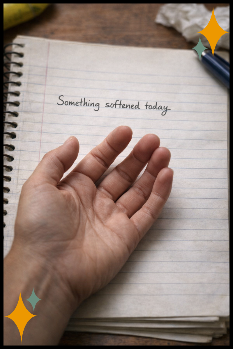 An open hand resting on a notebook, symbolizing a softened belief after witnessing change.