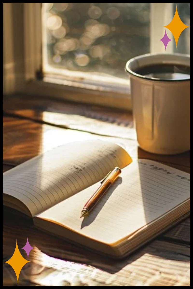 Notebook and tea on a table, representing reflective trauma therapy work.