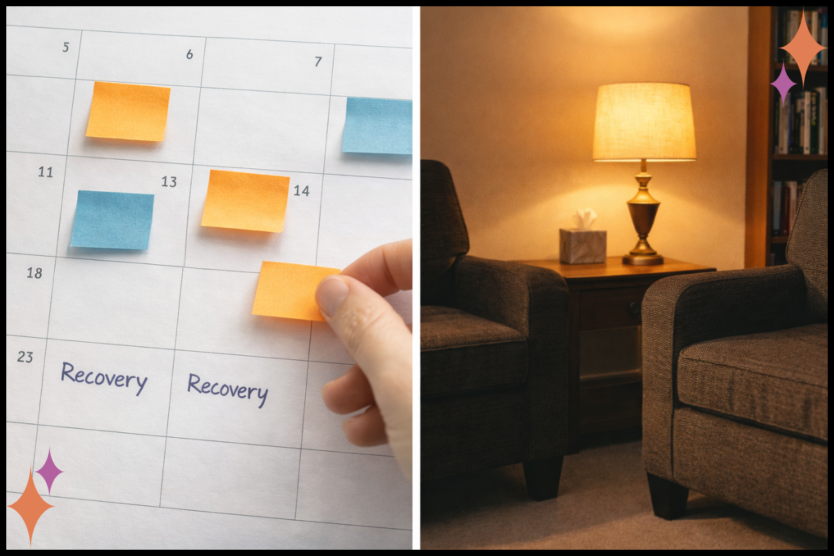 Visual showing burnout support through schedule and recovery and vicarious trauma support through processing and community.