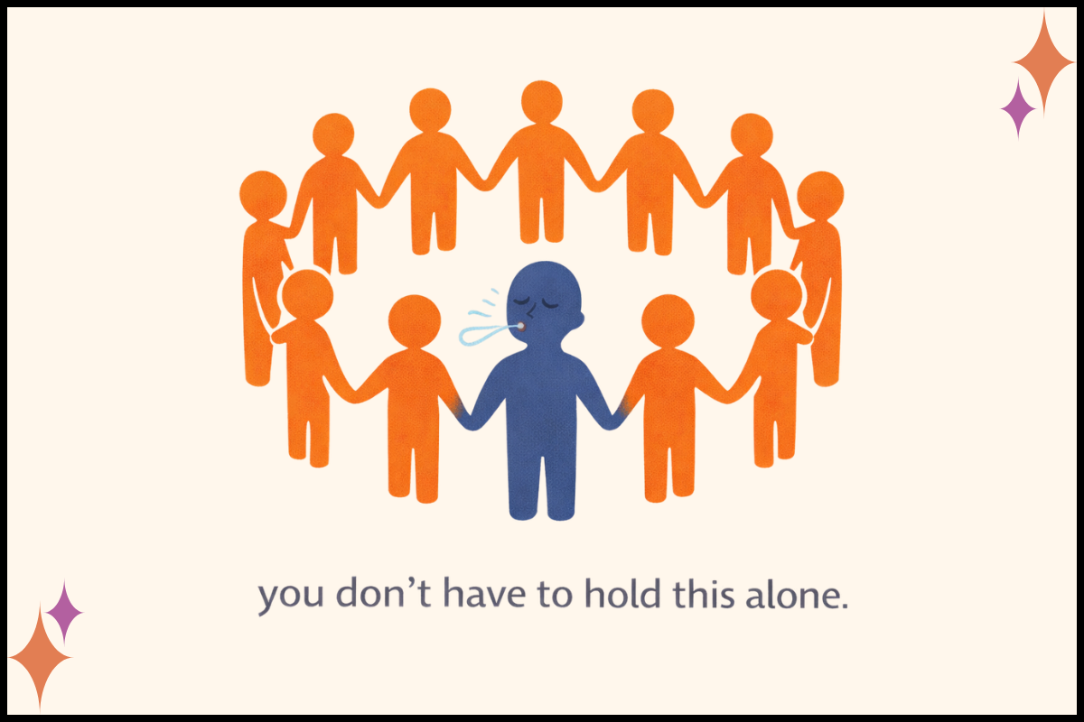 “Community support illustration for trauma therapists managing vicarious trauma while integrating somatic work.”