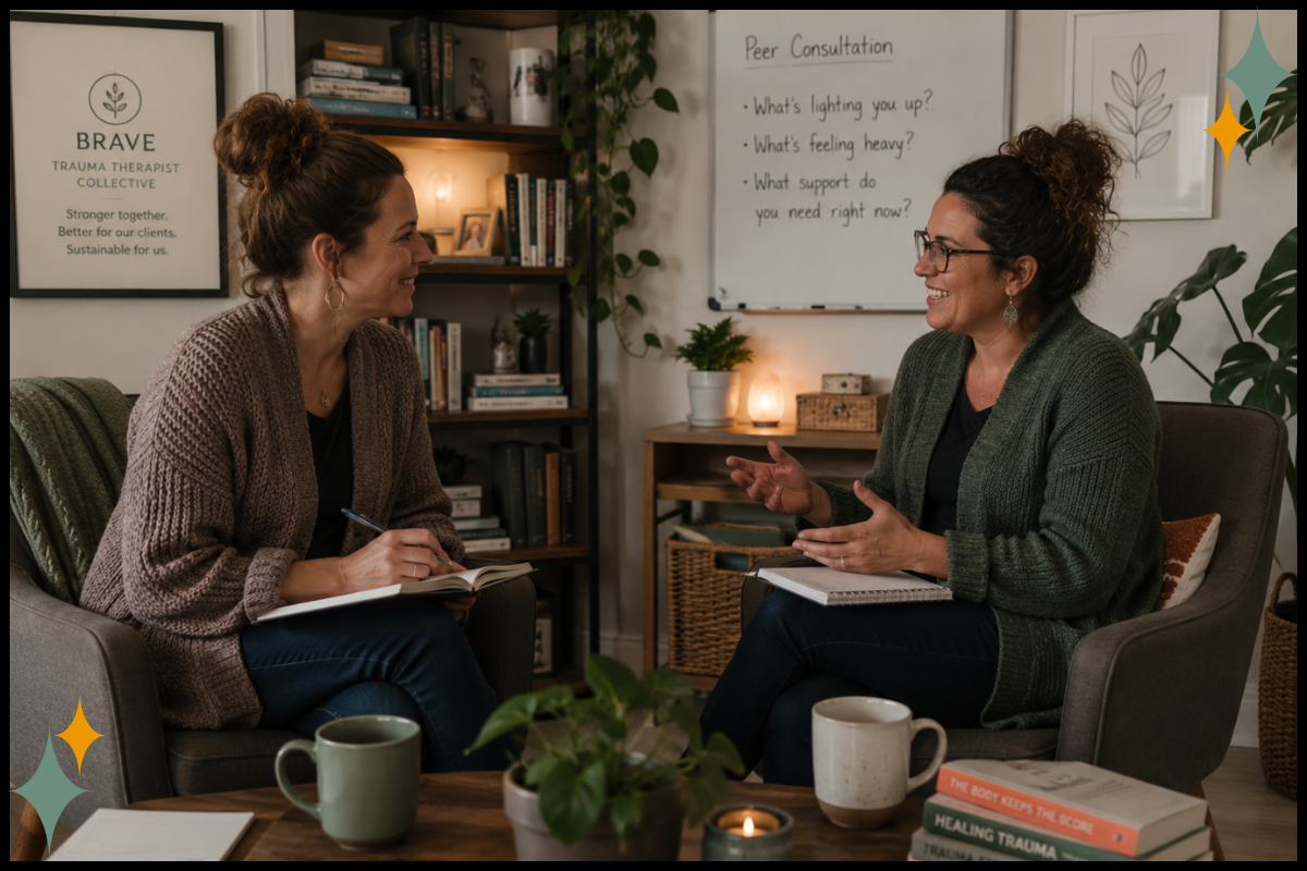 Two trauma therapists in peer consultation discussing the experience of vicarious resilience