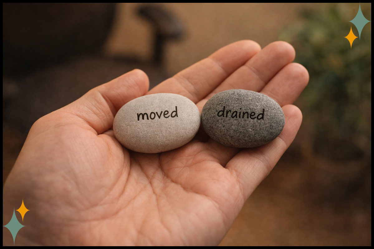 Two stones labeled moved and drained in a hand, representing the difference between emotional contact and depletion.