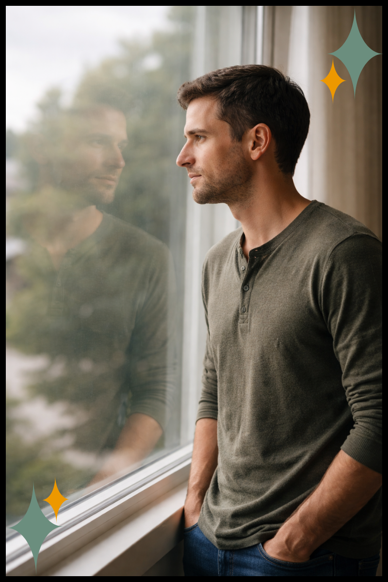 Person looking out a window in quiet reflection, representing how Cognitive Processing Therapy works with trauma-related meanings and interpretations after trauma.