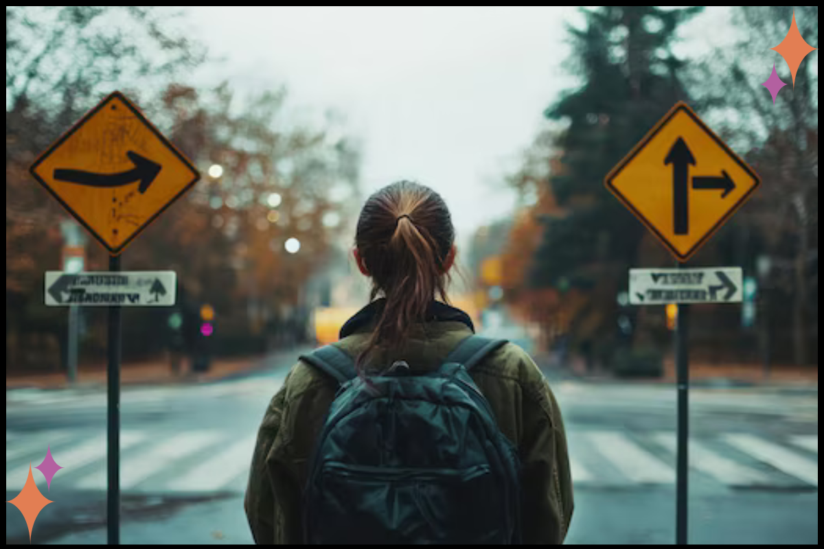 Person paused at a crossroads, symbolizing feeling mentally stuck after trauma.
