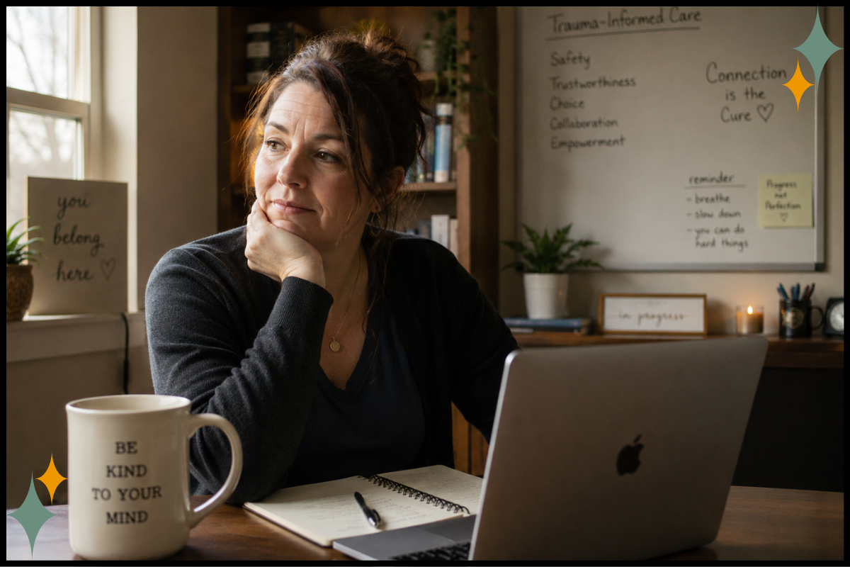 Trauma therapist sitting at her desk reviewing notes, illustrating the realities of clinician burnout