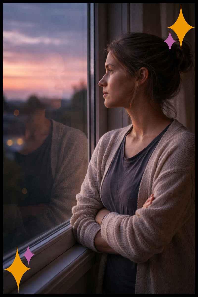 Person looking out a window at dusk with a reflection in the glass, symbolizing a small shift in perspective.
