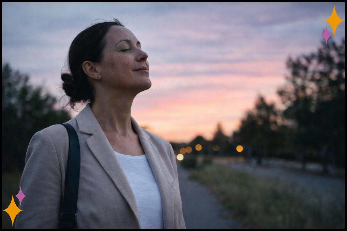 Therapist walking outside at dusk after work, decompressing and grounding.